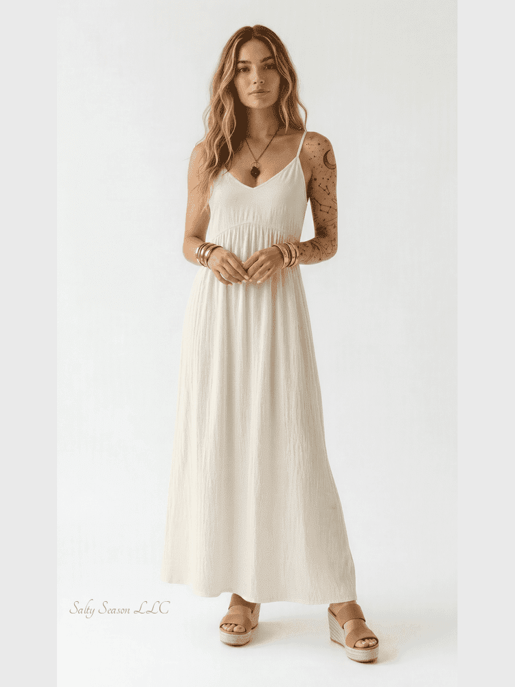 Cream sleeveless boho maxi dress with V-neck and pleated skirt on model