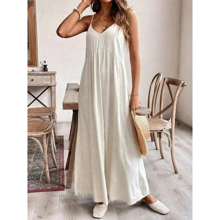 Cream sleeveless maxi dress with V-neck and gathered waist for women