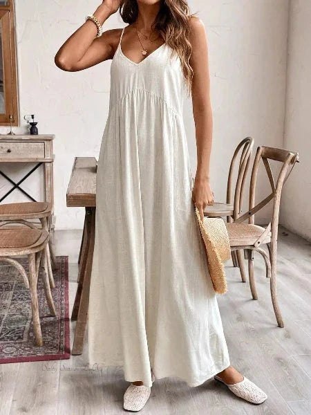 Cream sleeveless maxi dress with V-neck and gathered waist for women