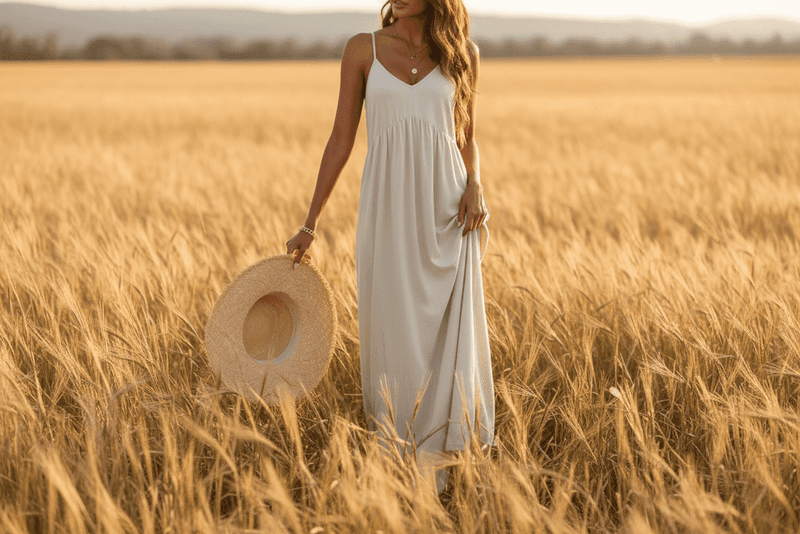 Salty Season white boho dress with V-neck and gathered waist in golden wheat field