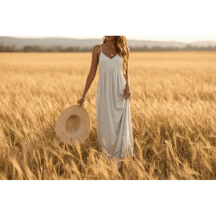 Salty Season white boho dress with V-neck and gathered waist in golden wheat field