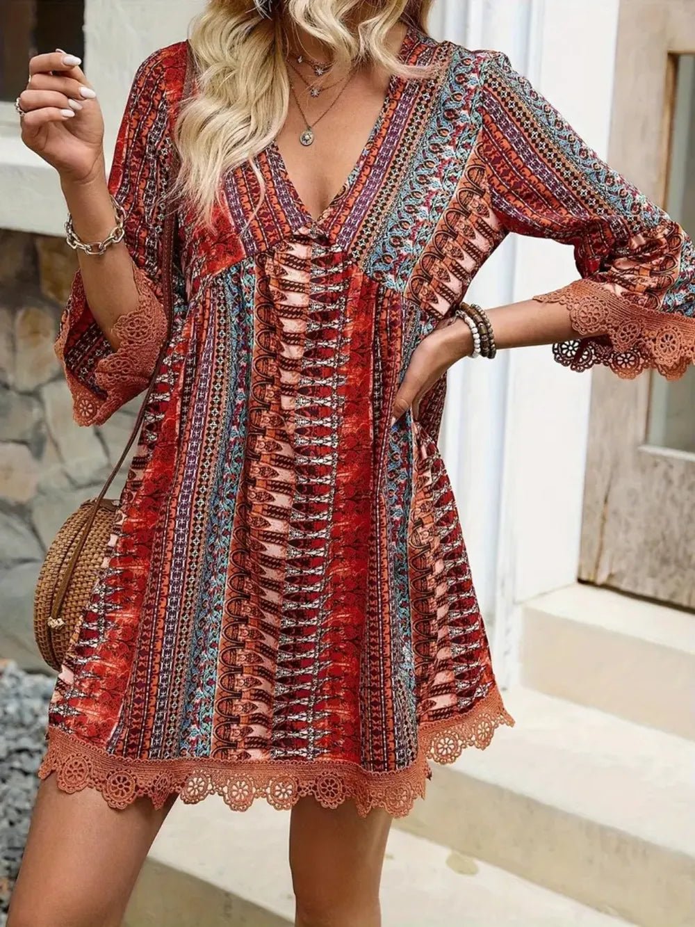 Lace Trim Printed V-Neck 3/4 Sleeve Dress - Salty Season LLC
