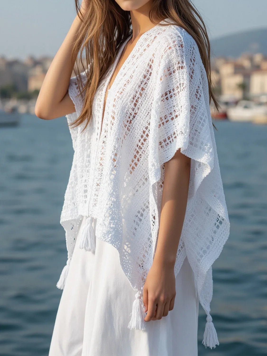 Openwork Tassel Open Front Knit Cover Up - Salty Season LLC