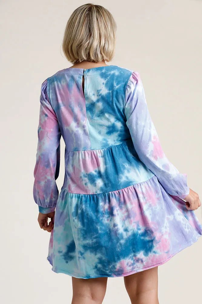 Umgee Full Size Tie Dye Round Neck Long Sleeve Babydoll Tiered Dress Plus Size - Salty Season LLC