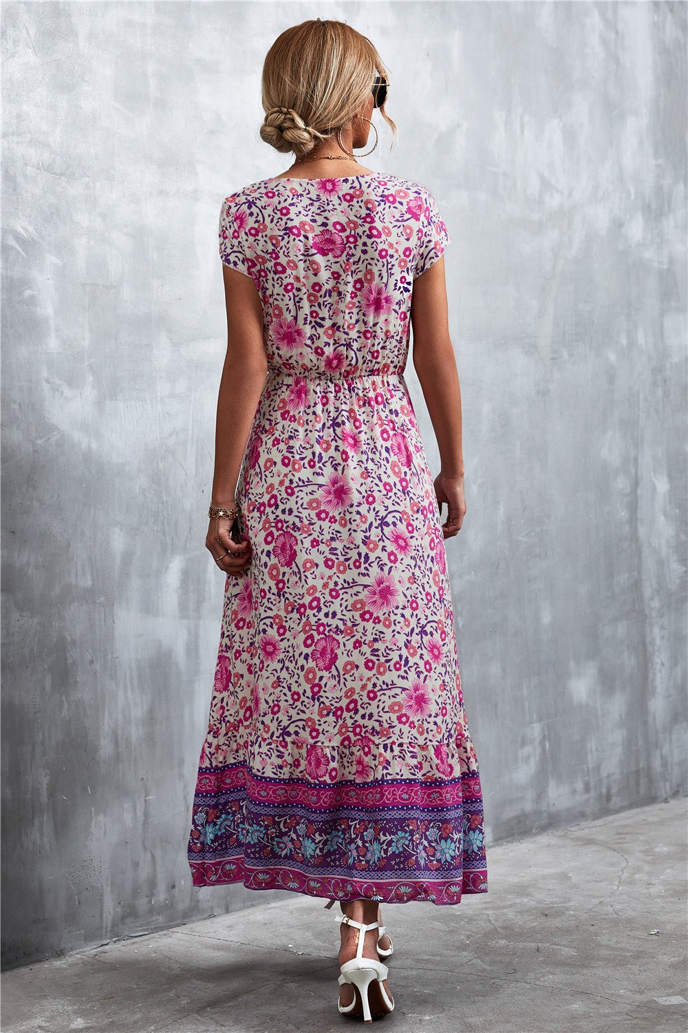 V-Neck Short Sleeve Printed Maxi Dress - Salty Season LLC
