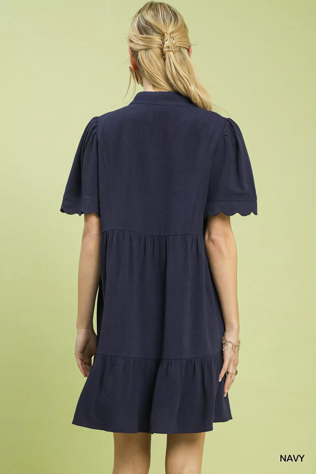 Umgee Linen Tiered Babydoll Dress with Scalloped Sleeves - Salty Season LLC