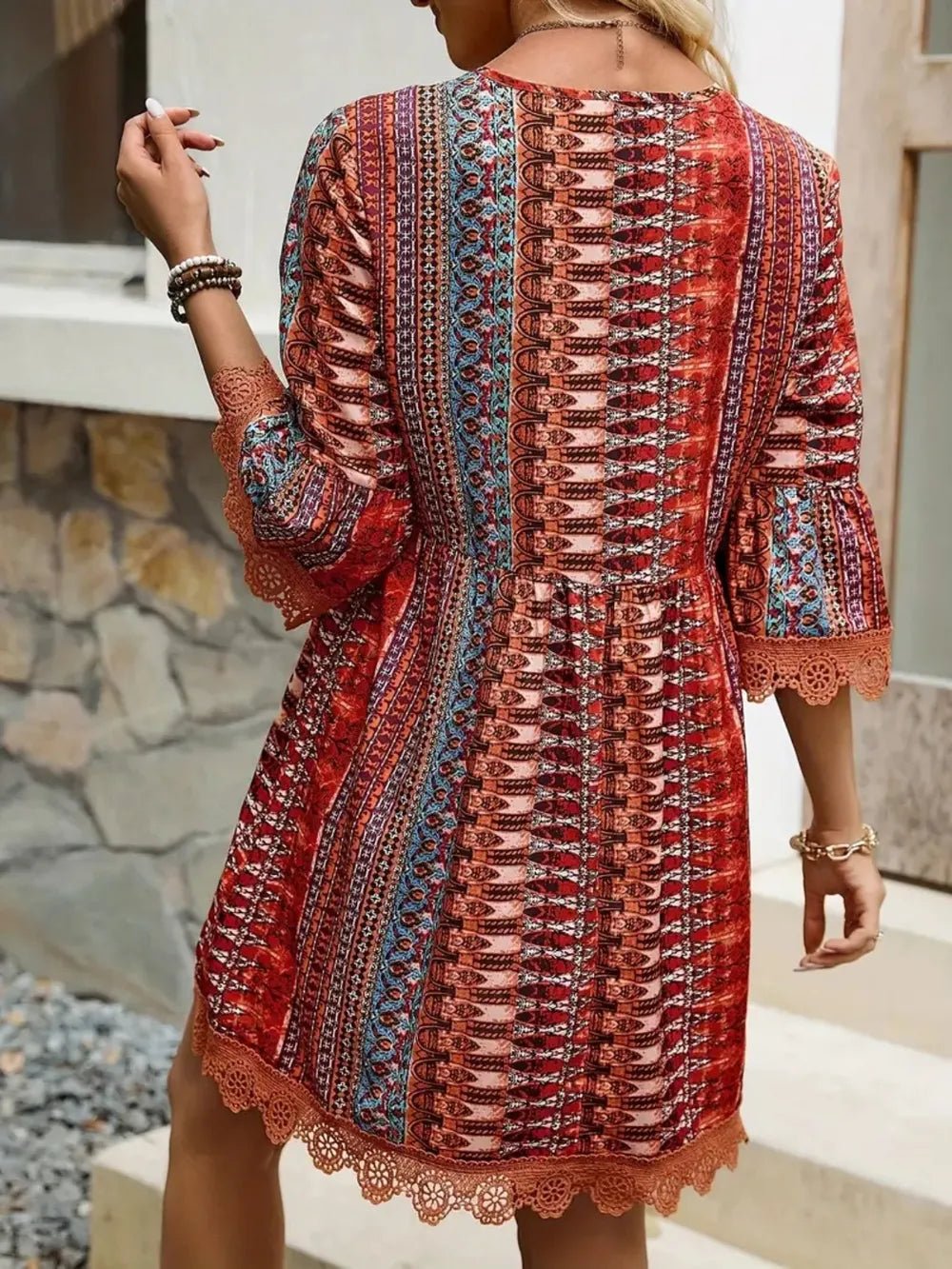 Lace Trim Printed V-Neck 3/4 Sleeve Dress - Salty Season LLC