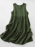 V-Neck Button Detail Sleeveless Midi Dress