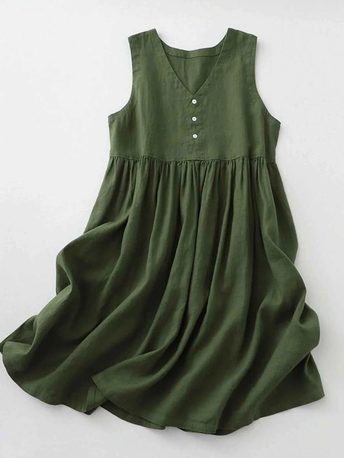 V-Neck Button Detail Sleeveless Midi Dress
