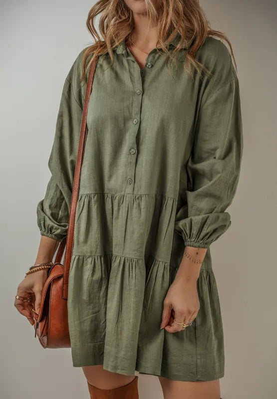 Tiered Collared Neck Balloon Sleeve Dress - Salty Season LLC