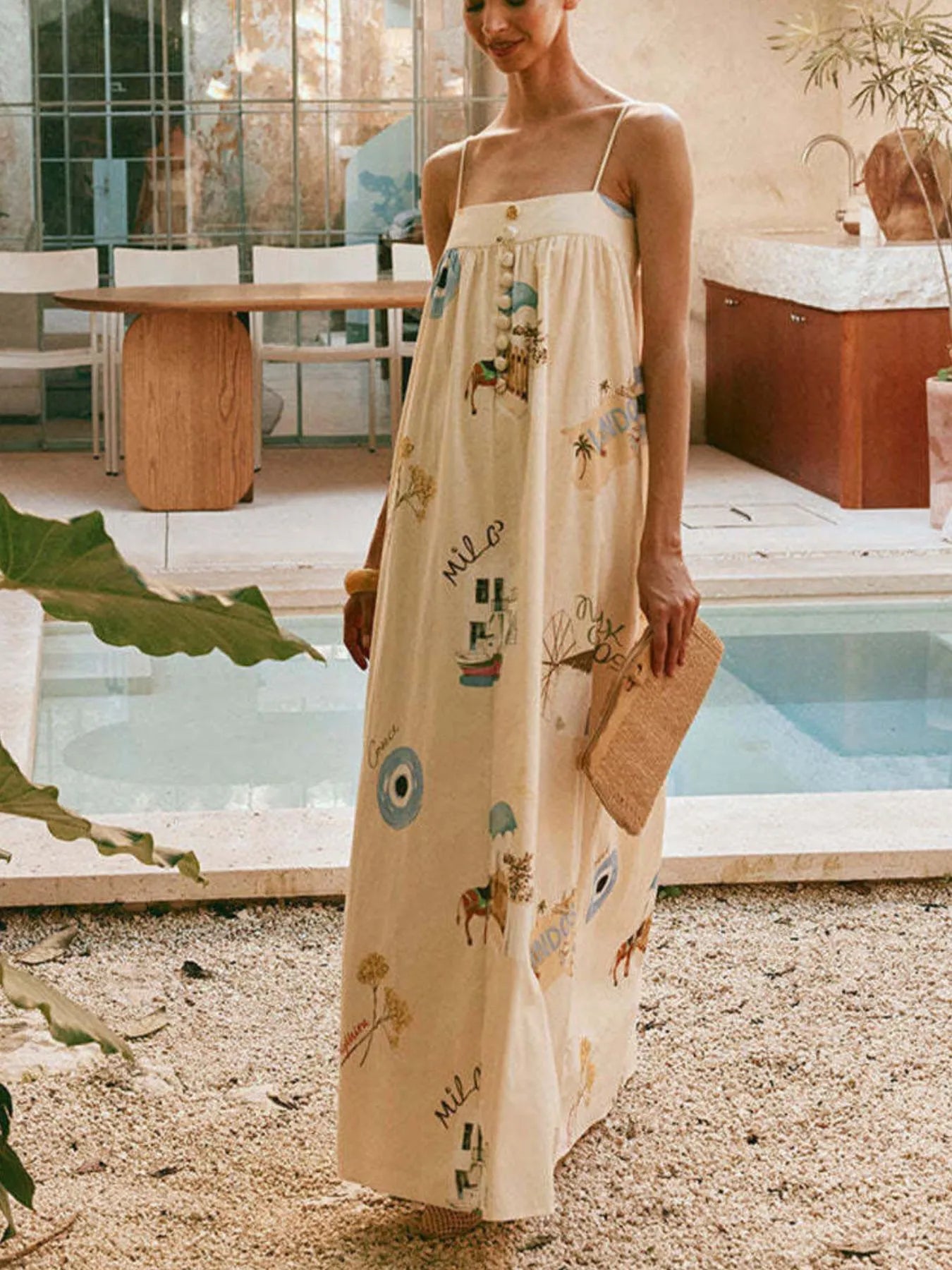 Bohemian Print Cami Maxi Dress with Pockets - Salty Season LLC