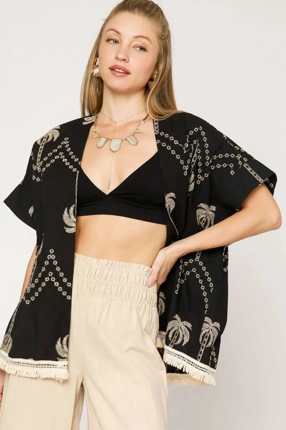Umgee Open Front Embroidered Fringe Kimono - Salty Season LLC
