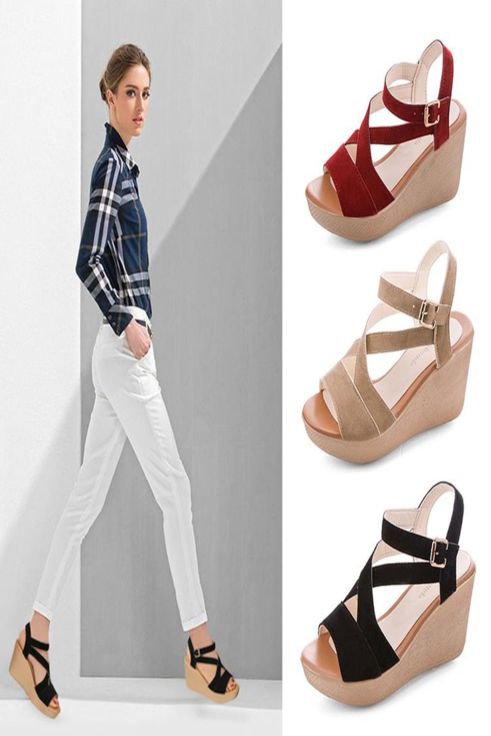 3 wedge sandals, all a different color white background
