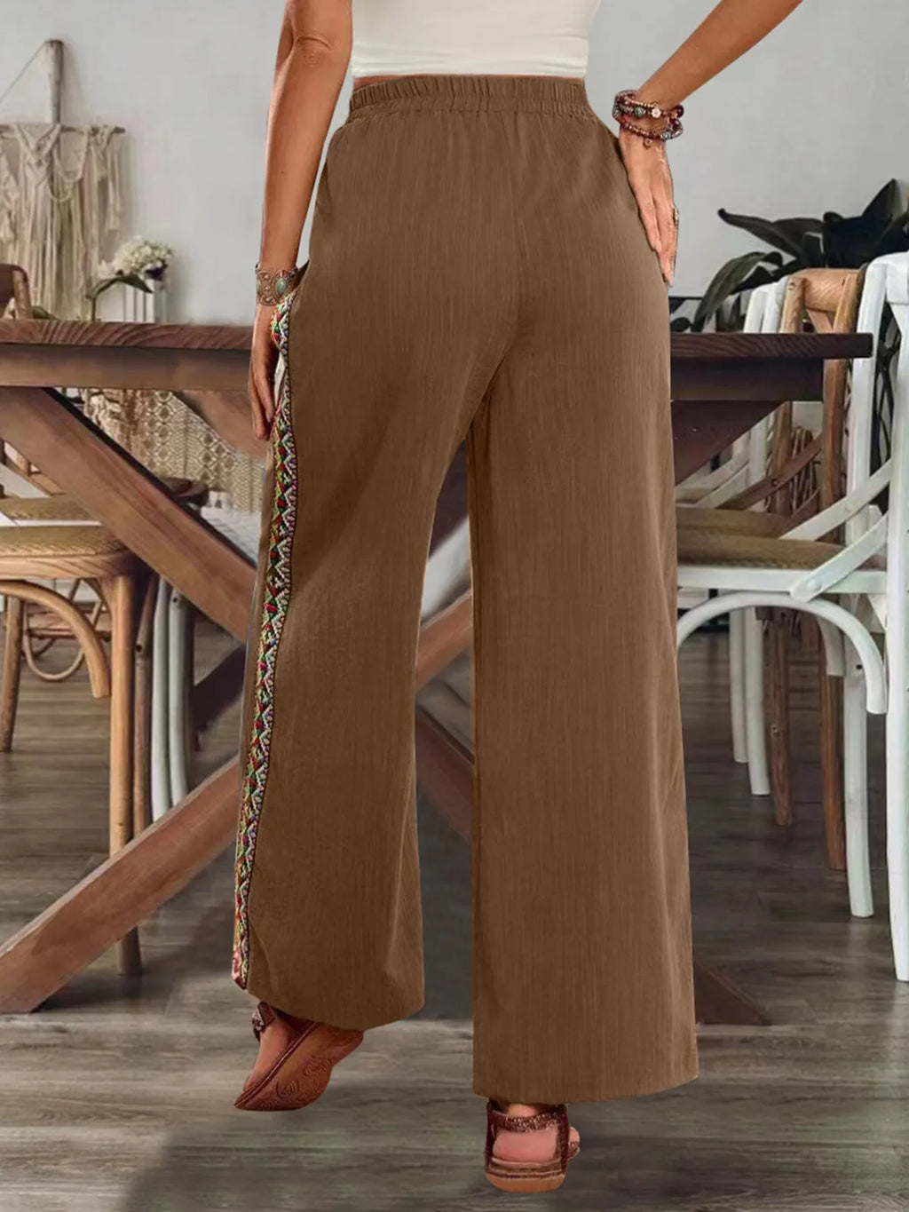 Bohemian Wide Leg Embroidered Side Stripe Pants - Salty Season LLC