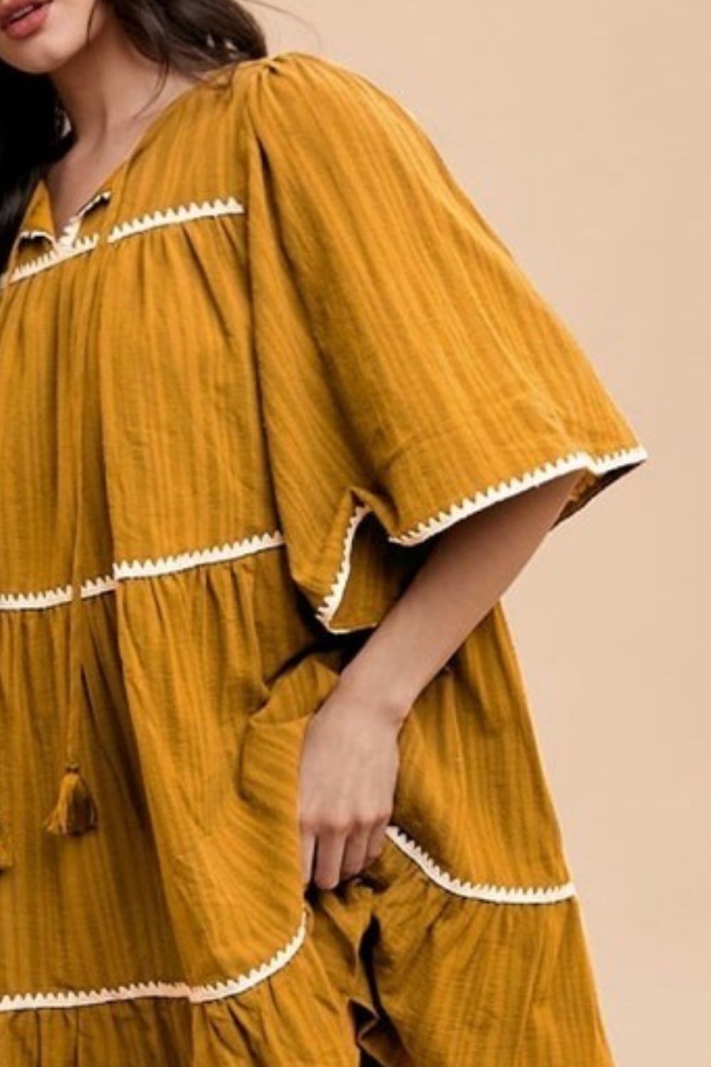 Tassel Contrast Trim Tie Neck Half Sleeve Tiered Dress For Women â€“ Bohemian Inspired Tiered Dress with Tassel Accents and Contrast Trim for a Playful Look - Salty Season LLC
