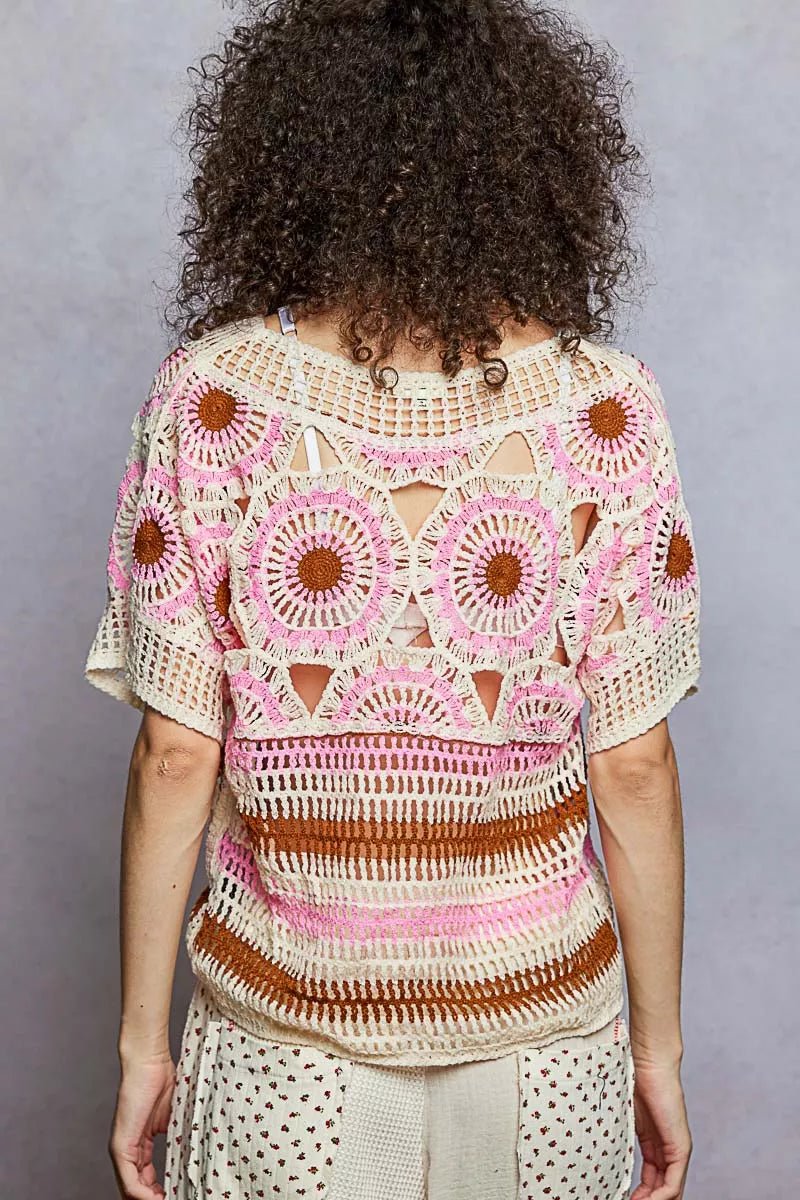 Weave Pattern Short Sleeve Crochet Top with Border Accents - Salty Season LLC
