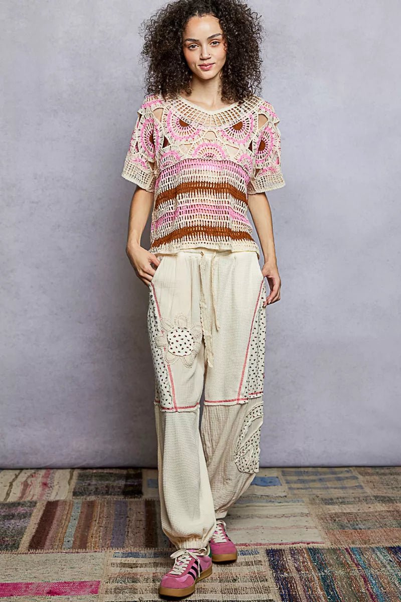 Weave Pattern Short Sleeve Crochet Top with Border Accents - Salty Season LLC