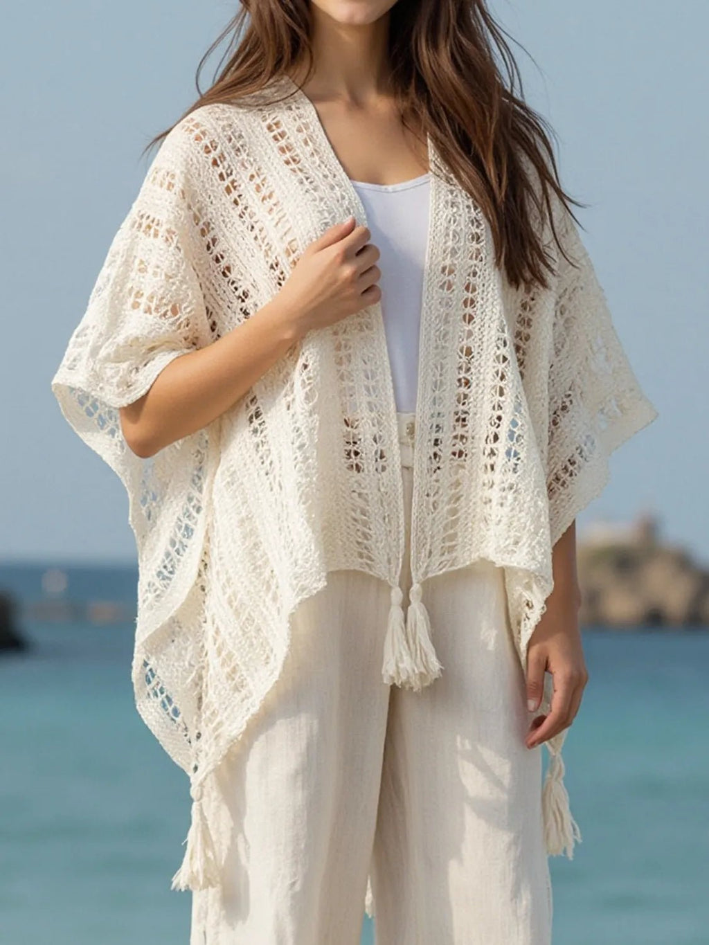 Openwork Tassel Open Front Knit Cover Up - Salty Season LLC