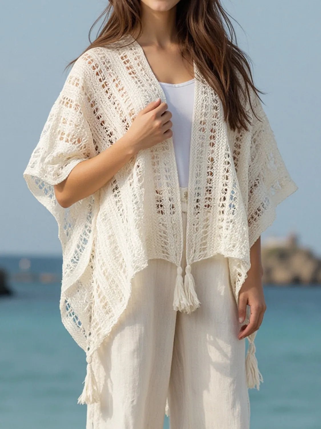 Openwork Tassel Open Front Knit Cover Up - Salty Season LLC