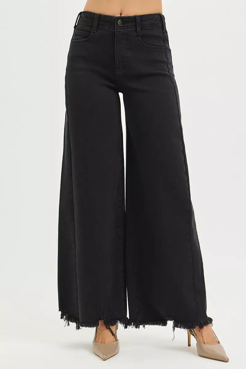 RISEN Tummy Control High Rise Palazzo Leg Frayed Hem Jeans - Salty Season LLC