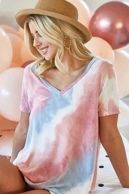 BiBi Tie Dye French Terry V Neck Top - Salty Season LLC