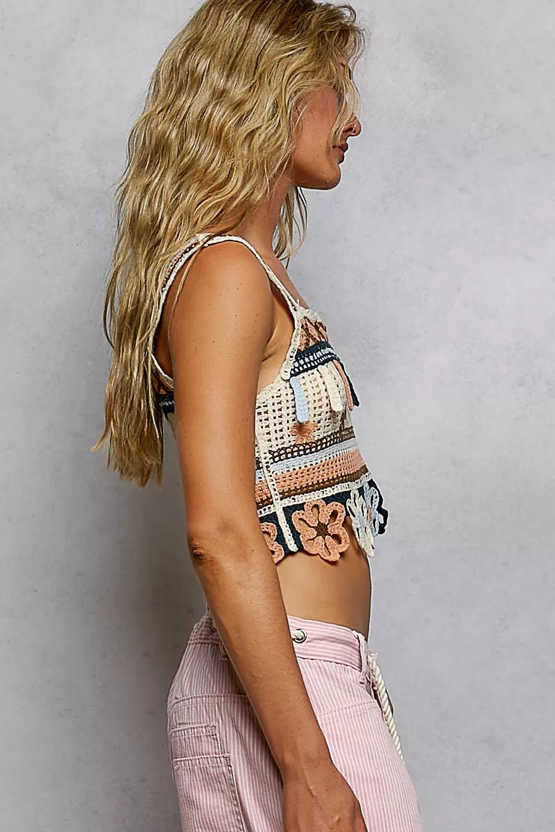 Cutout Flower Cropped Crochet Cami with with Dangle Detail - Salty Season LLC