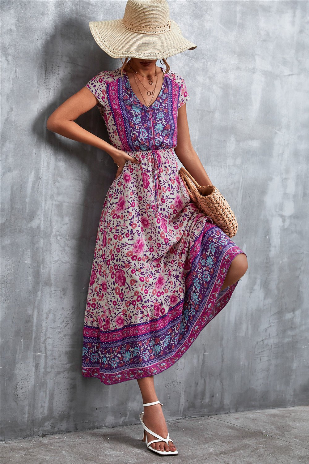 V-Neck Short Sleeve Printed Maxi Dress - Salty Season LLC