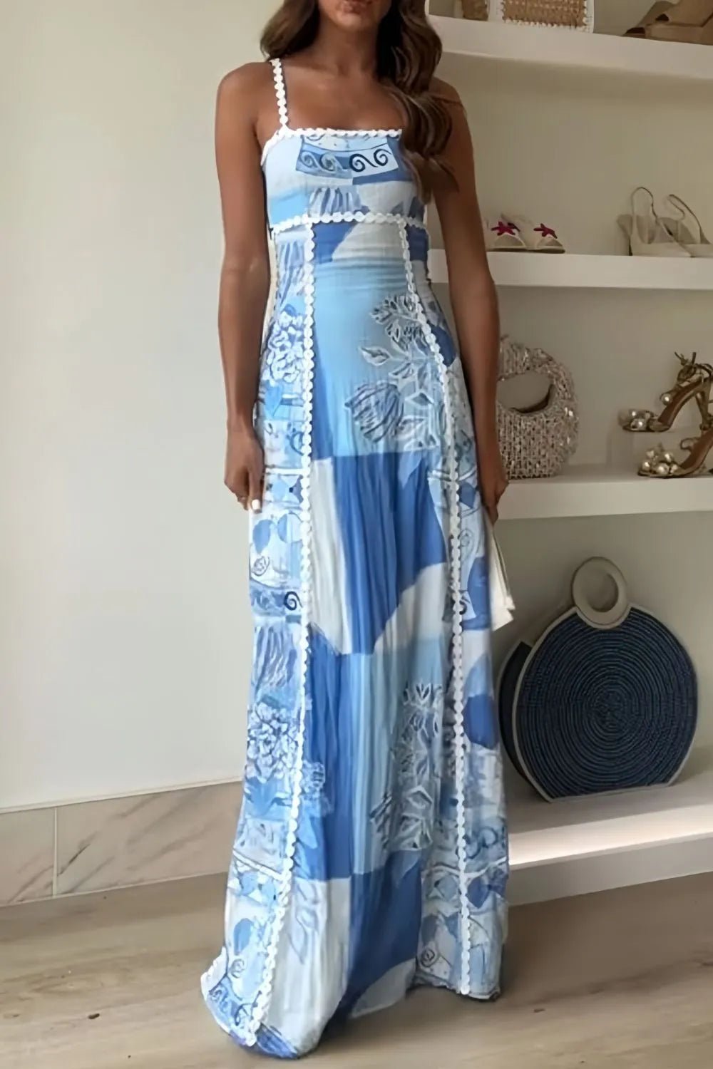 Blue Cutout Back Printed Square Neck Maxi Dress white wall