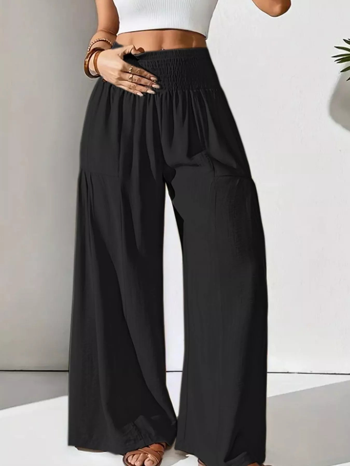 Black Smocked Waist Wide Leg Pants - Salty Season LLC
