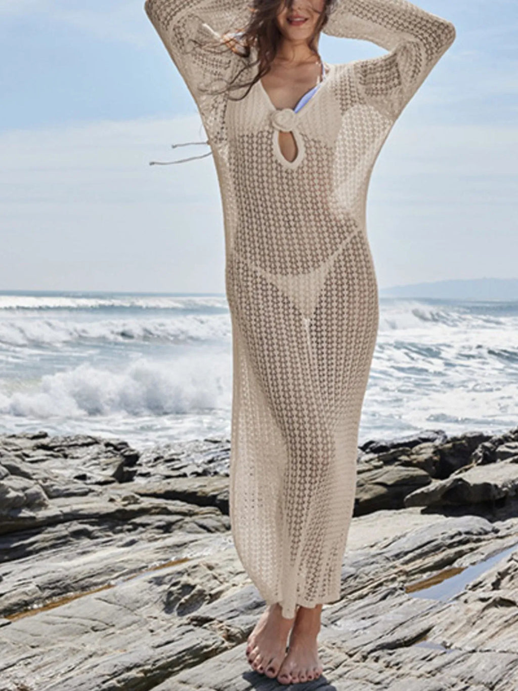 Long Sleeve Backless Cover-Up Dress - Salty Season LLC
