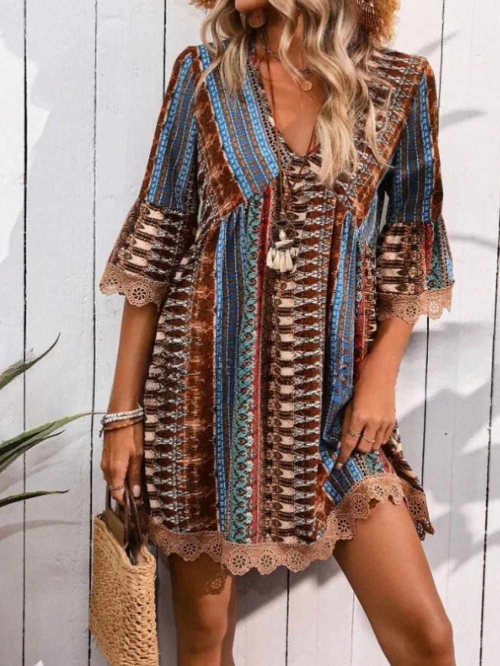 Lace Trim Printed V-Neck 3/4 Sleeve Dress - Salty Season LLC