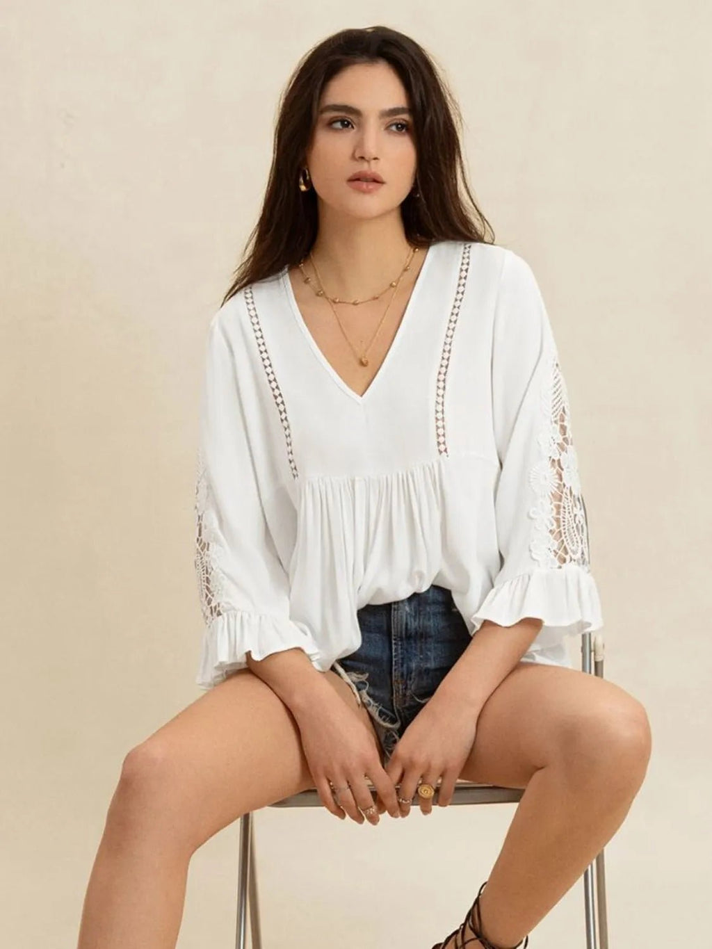V-Neck Lace Flounce Sleeve Top - Salty Season LLC