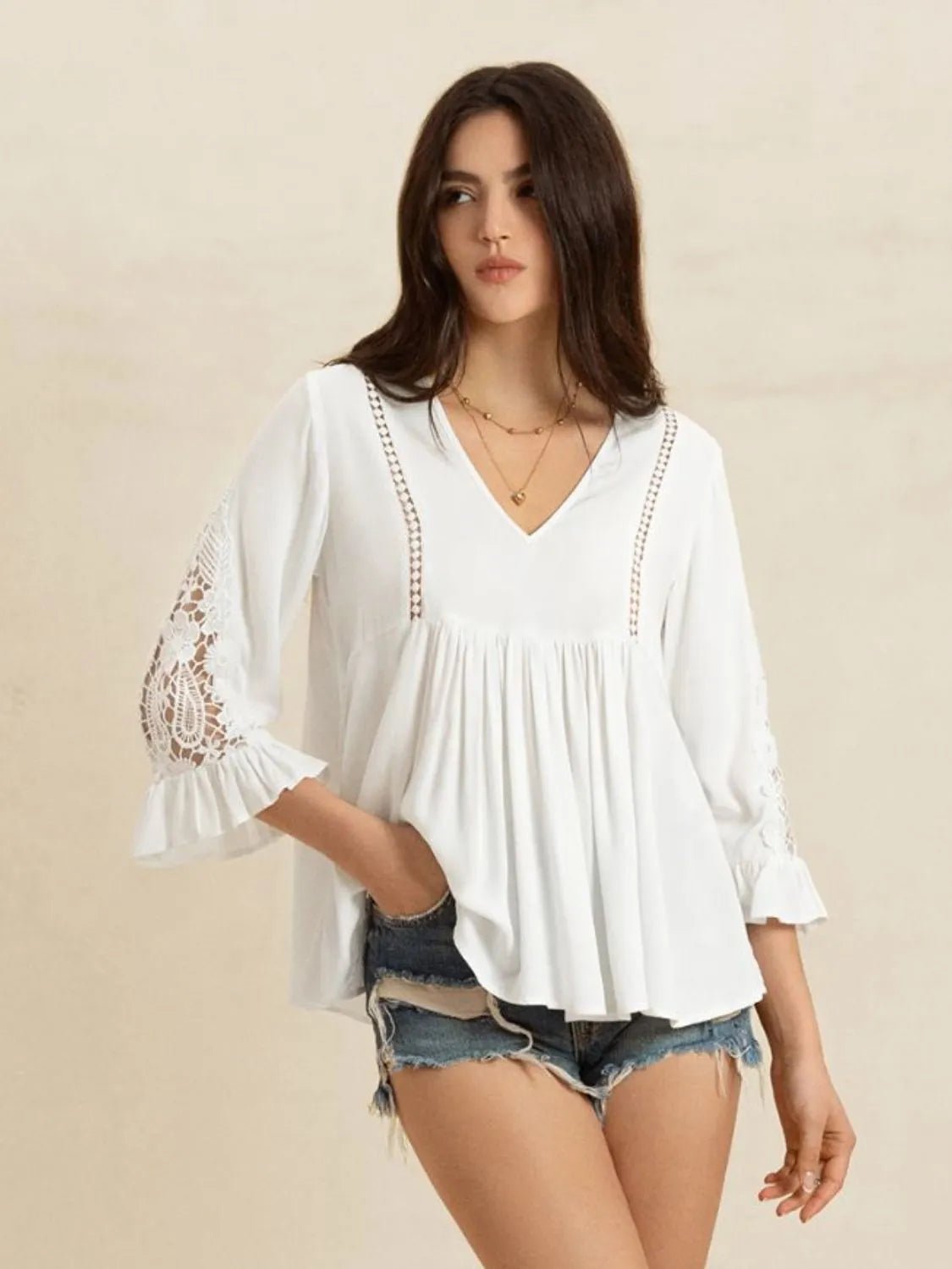 V-Neck Lace Flounce Sleeve Top - Salty Season LLC