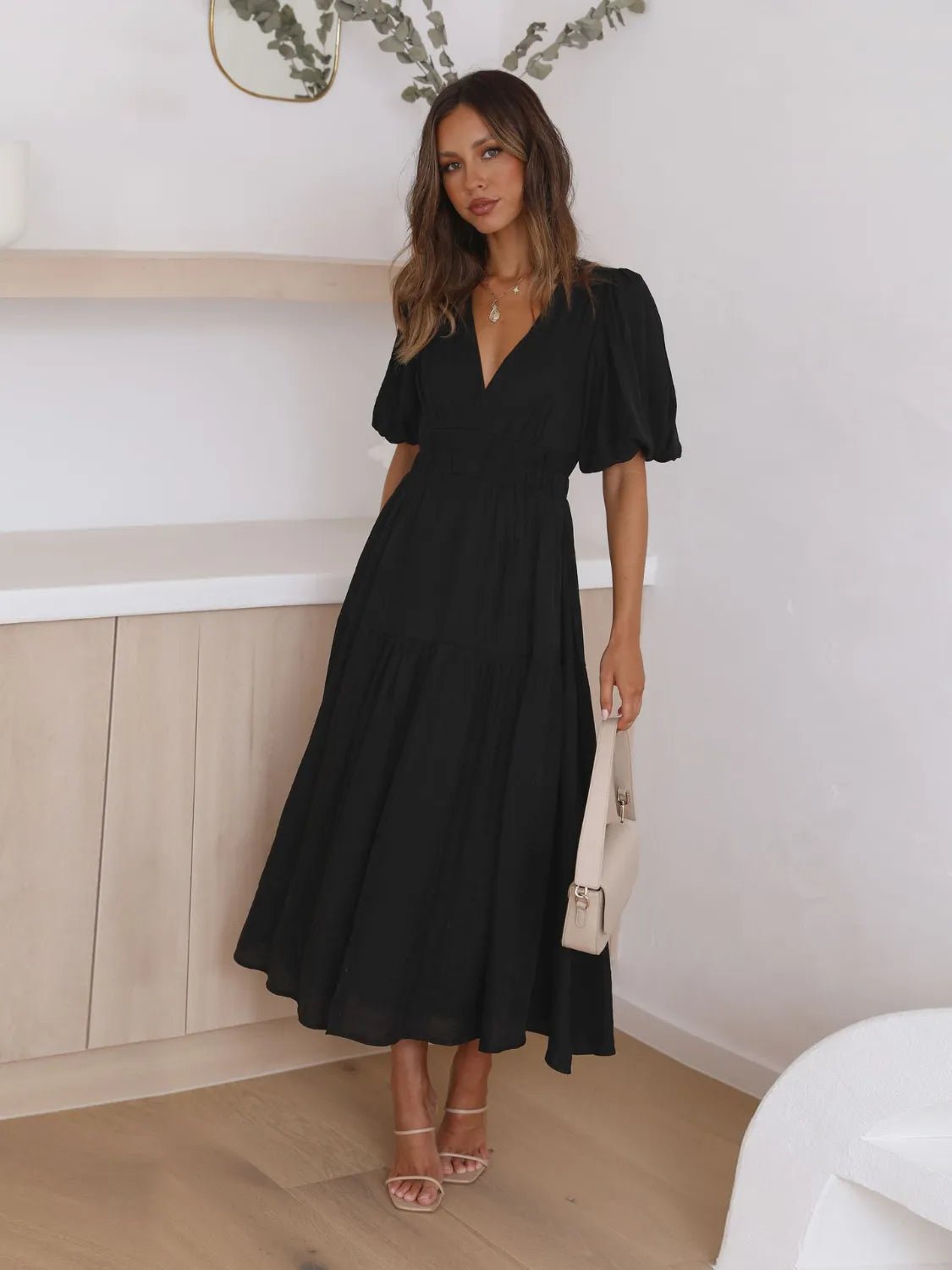 Tiered Surplice Half Sleeve Midi Dress - Salty Season LLC