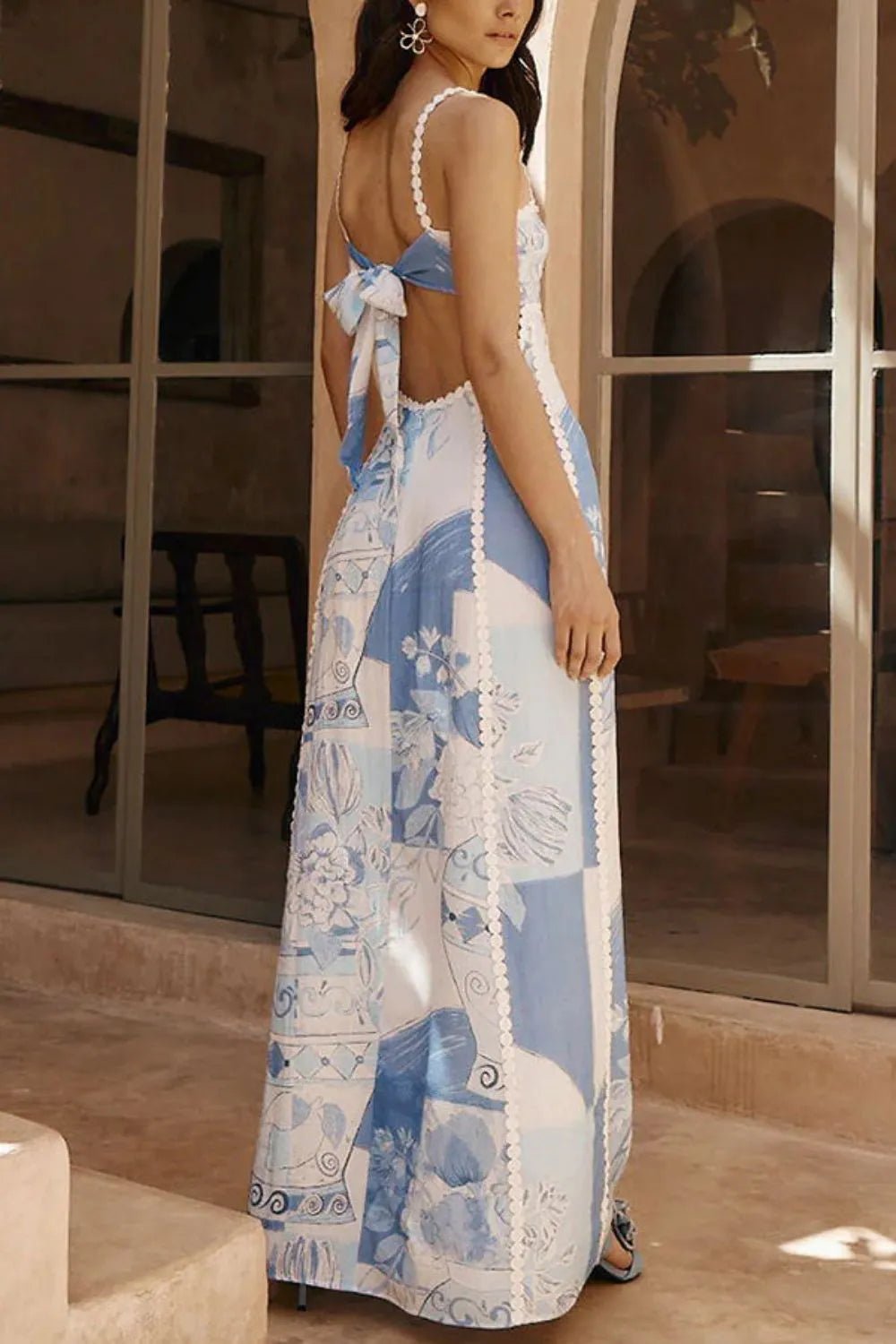 Cutout Back Printed Square Neck Maxi Dress - Salty Season LLC