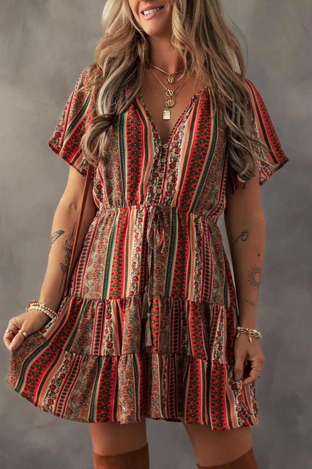 Bohemian Floral Print Buttoned V Neck Ruffle Tiered Dress - Salty Season LLC