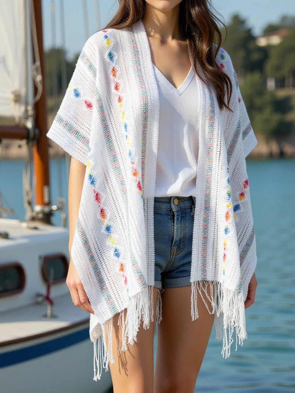 Openwork Fringe Open Front Knit Cape - Salty Season LLC