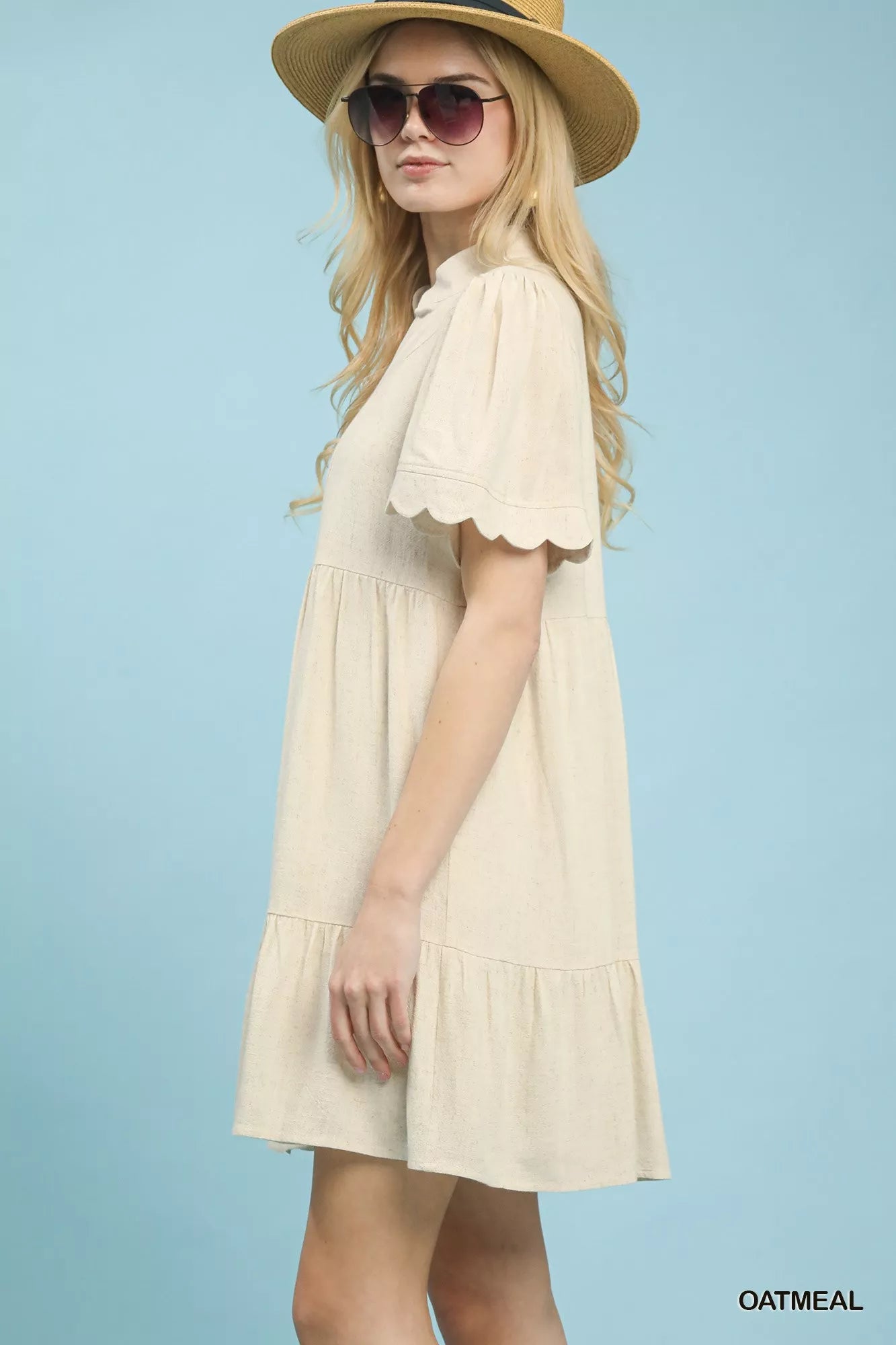 Umgee Linen Tiered Babydoll Dress with Scalloped Sleeves - Salty Season LLC