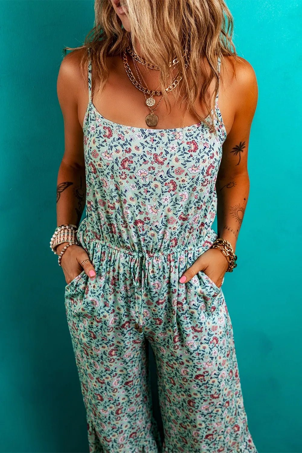 Bohemian Floral Ruffle Bottom Spaghetti Strap Jumpsuit - Salty Season LLC