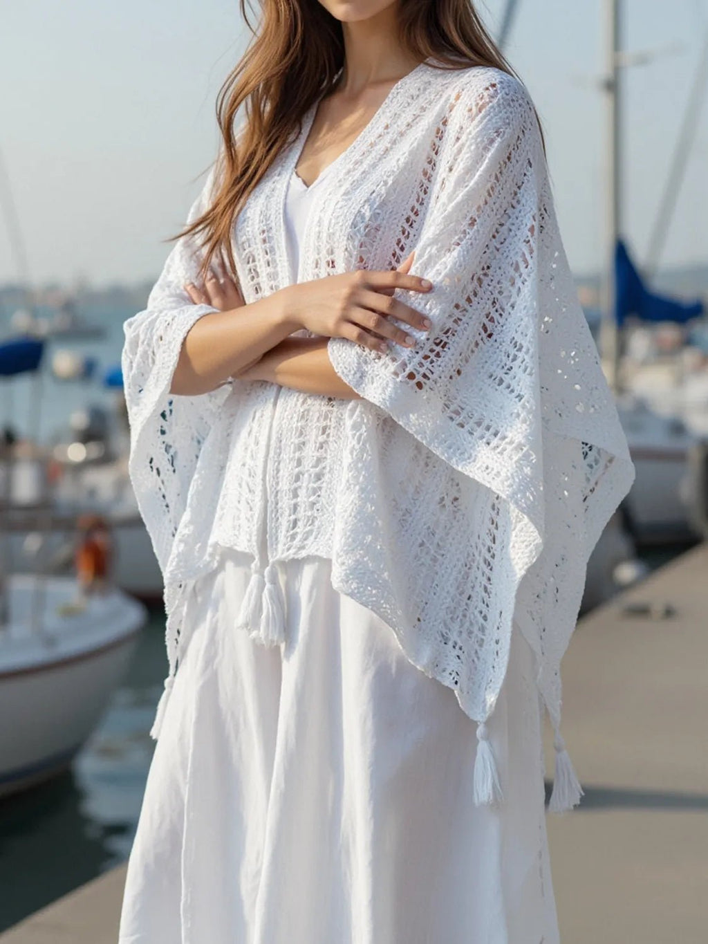 Openwork Tassel Open Front Knit Cover Up - Salty Season LLC