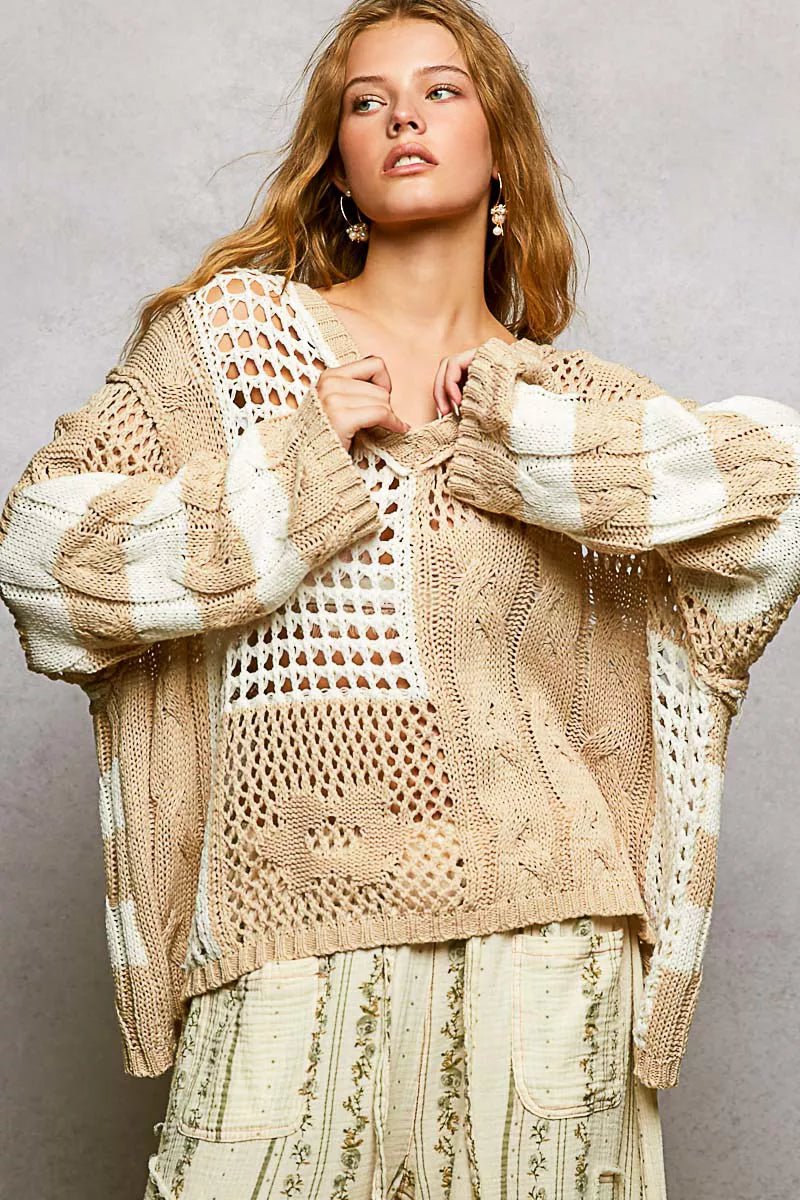 POL Color-Blocked Stripe Pattern Knit Top with Twisted Weave - Salty Season LLC