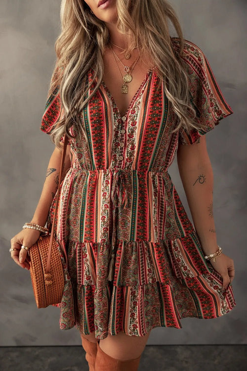 Bohemian Floral Print Buttoned V Neck Ruffle Tiered Dress - Salty Season LLC