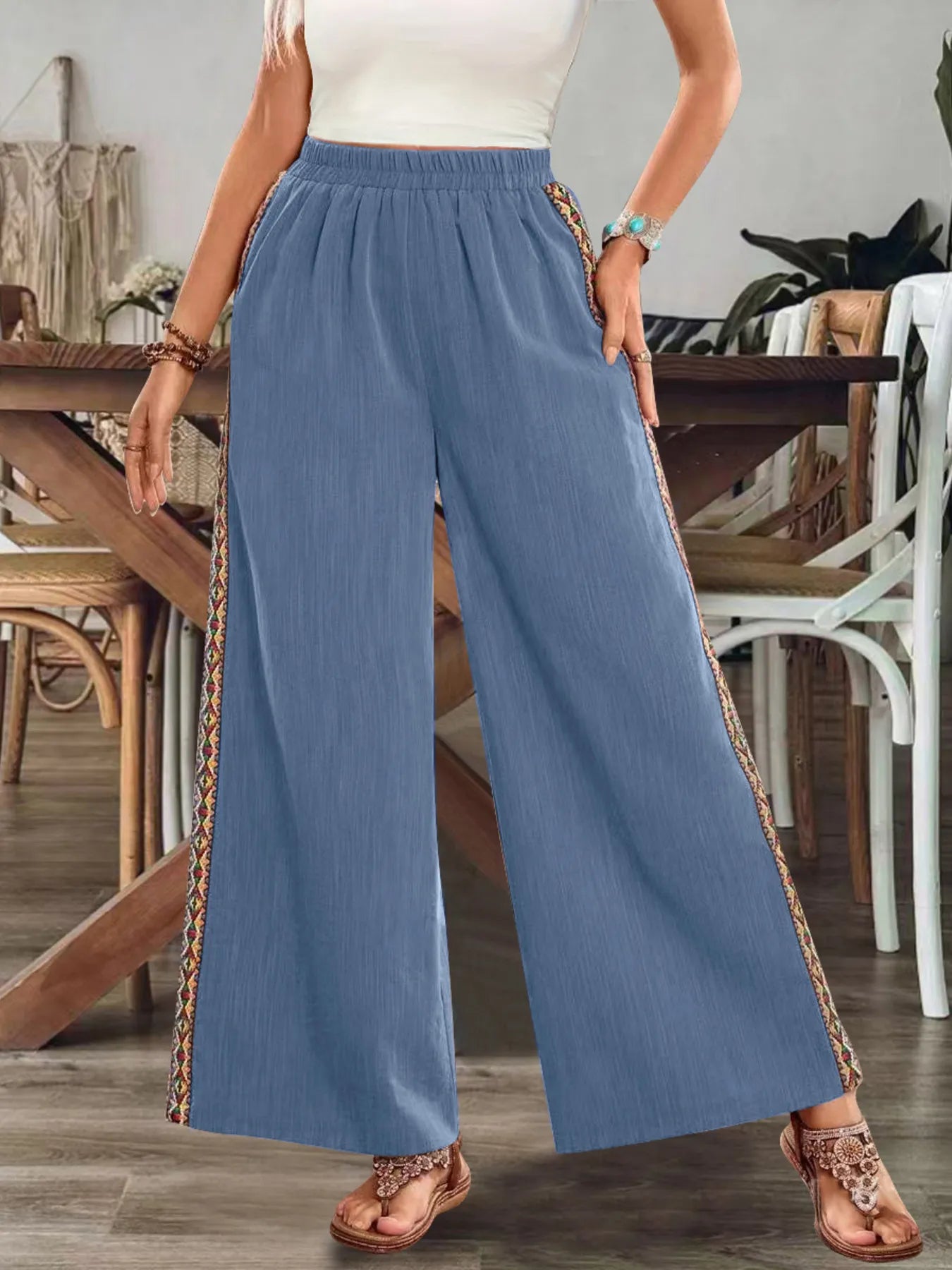 Bohemian Wide Leg Embroidered Side Stripe Pants - Salty Season LLC