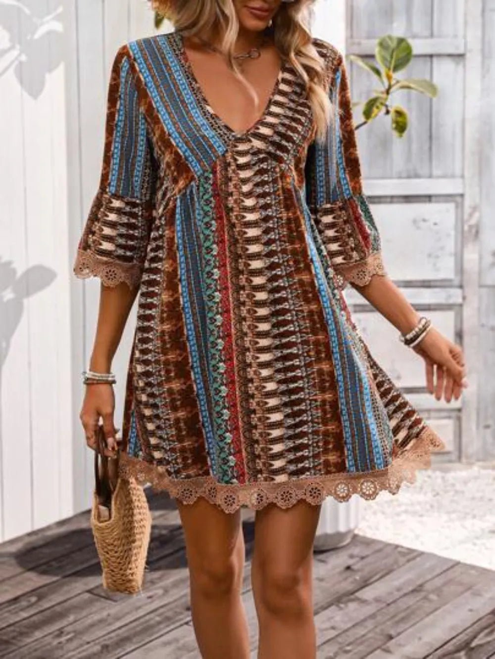 Lace Trim Printed V-Neck 3/4 Sleeve Dress - Salty Season LLC
