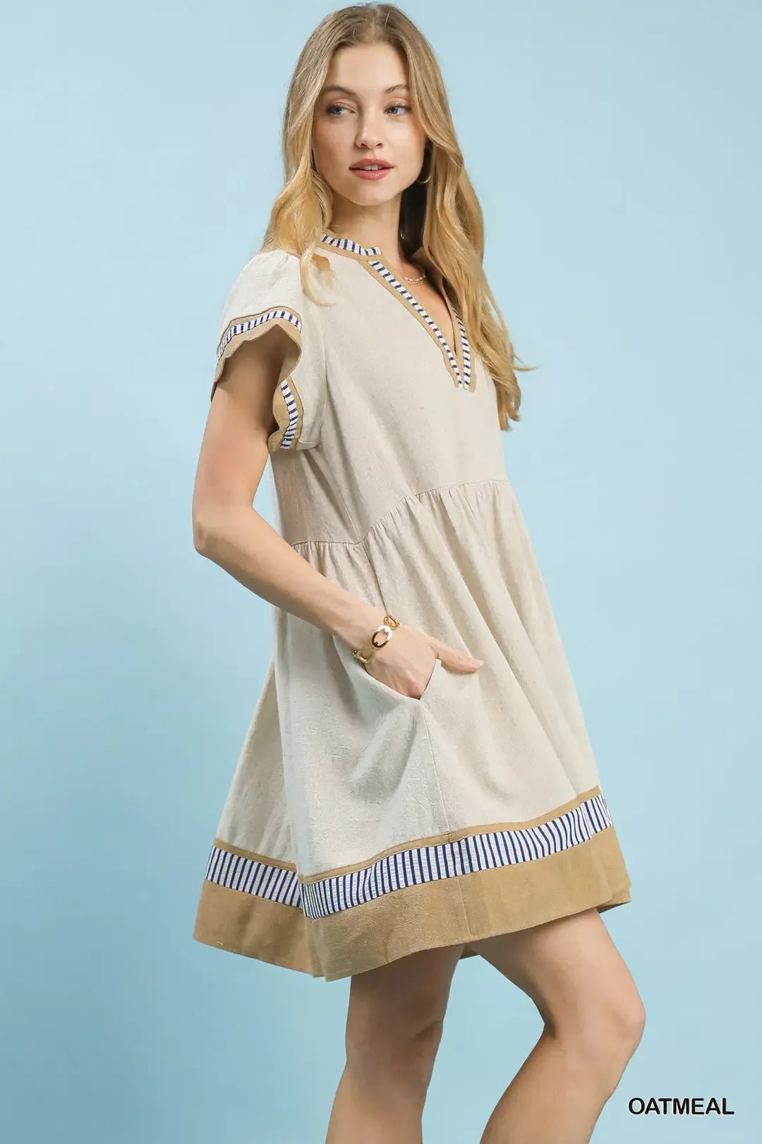 Umgee Linen Color Block Flutter Sleeve Dress - Salty Season LLC