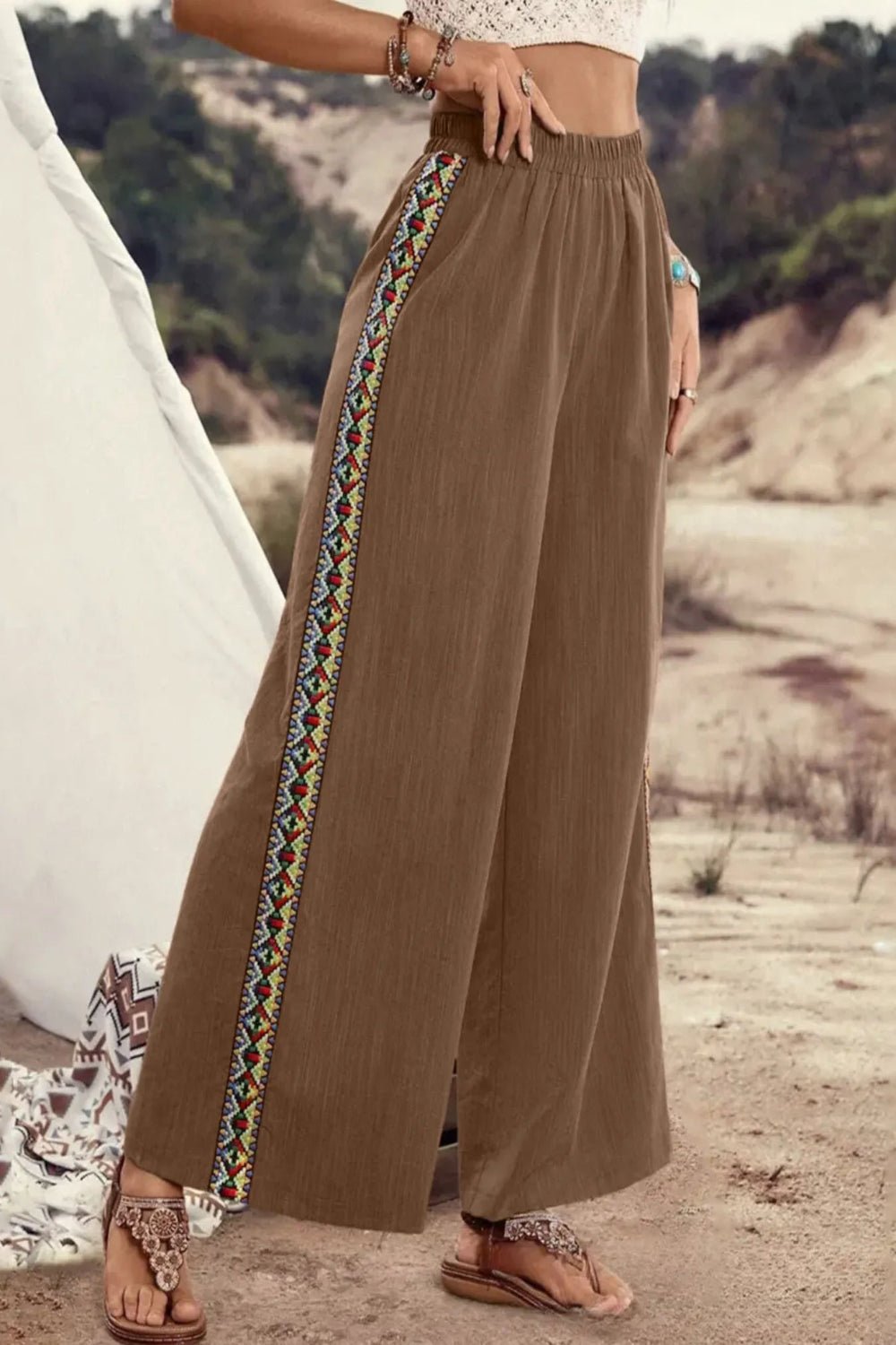 Bohemian Wide Leg Embroidered Side Stripe Pants - Salty Season LLC