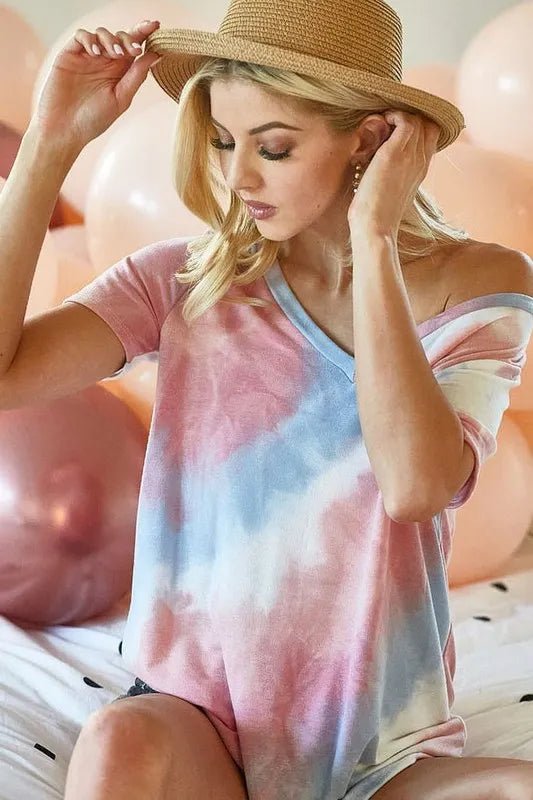 BiBi Tie Dye French Terry V Neck Top - Salty Season LLC