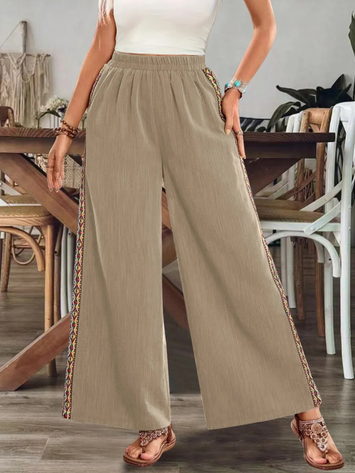Bohemian Wide Leg Embroidered Side Stripe Pants - Salty Season LLC