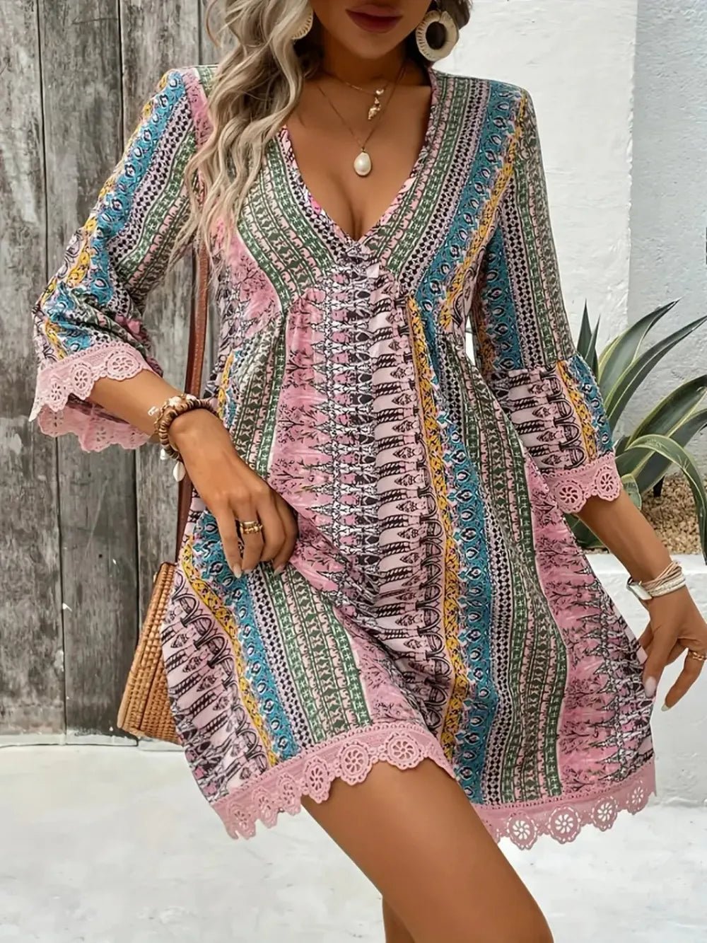 Lace Trim Printed V-Neck 3/4 Sleeve Dress - Salty Season LLC