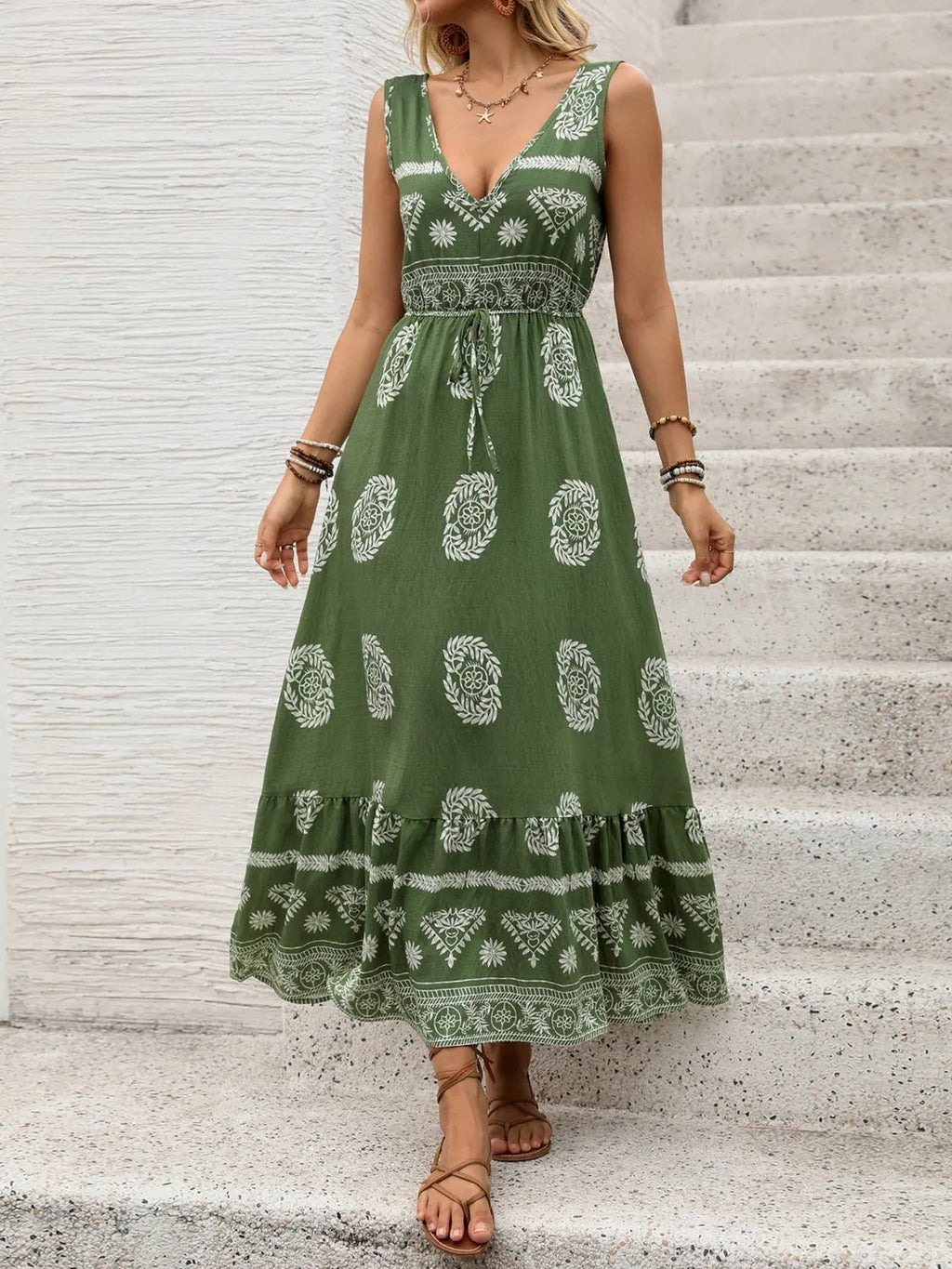 Printed V-Neck Sleeveless Dress - Salty Season LLC